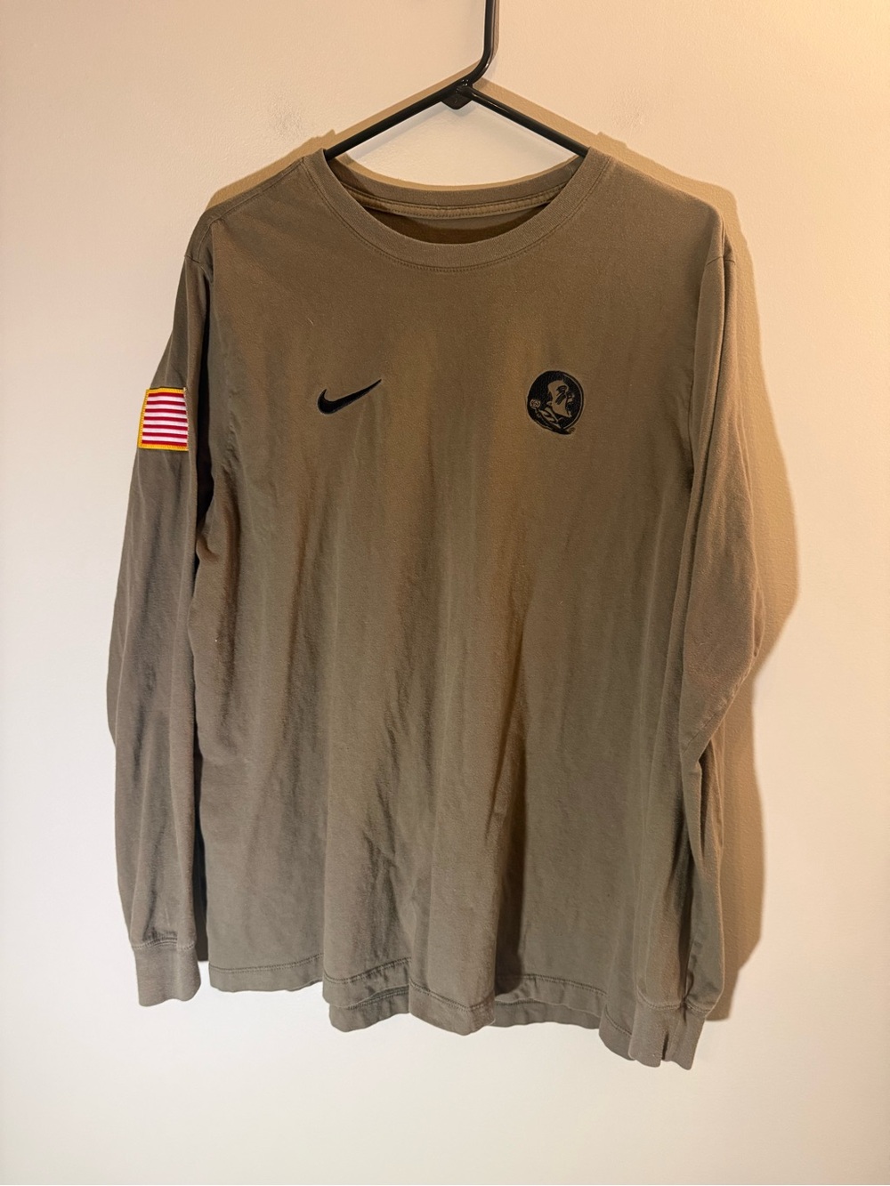 Nike Men’s Olive Long Sleeve Crewneck Shirt with Flag Patch